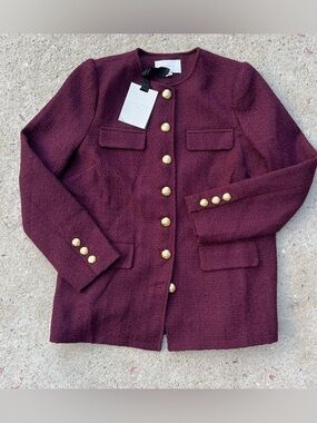 NWT Pomander Place Womens Jacket Winetasting Burgundy Sz M Tweed Button Preppy